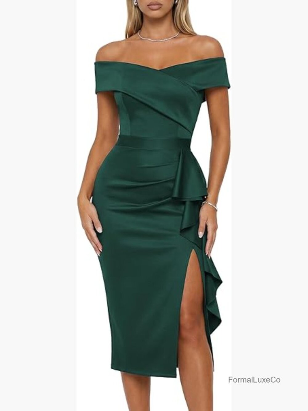 Off Shoulder Midi Dress with Built-in Bra Bodycon Ruched Slit